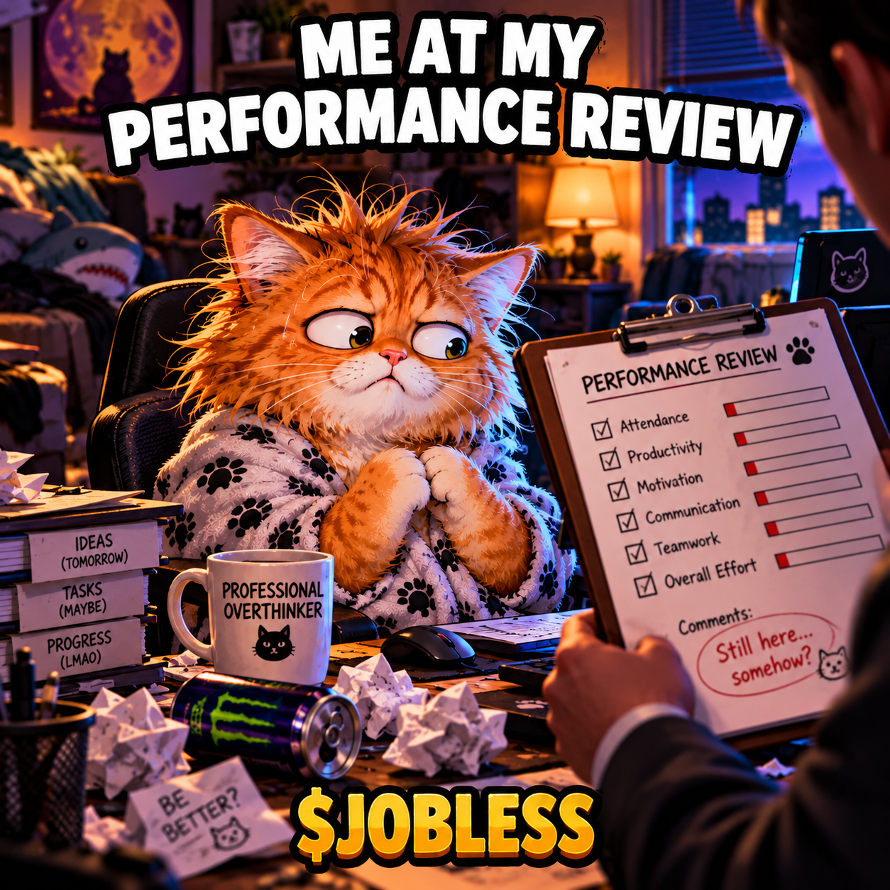 Unemployed Cat performance review meme